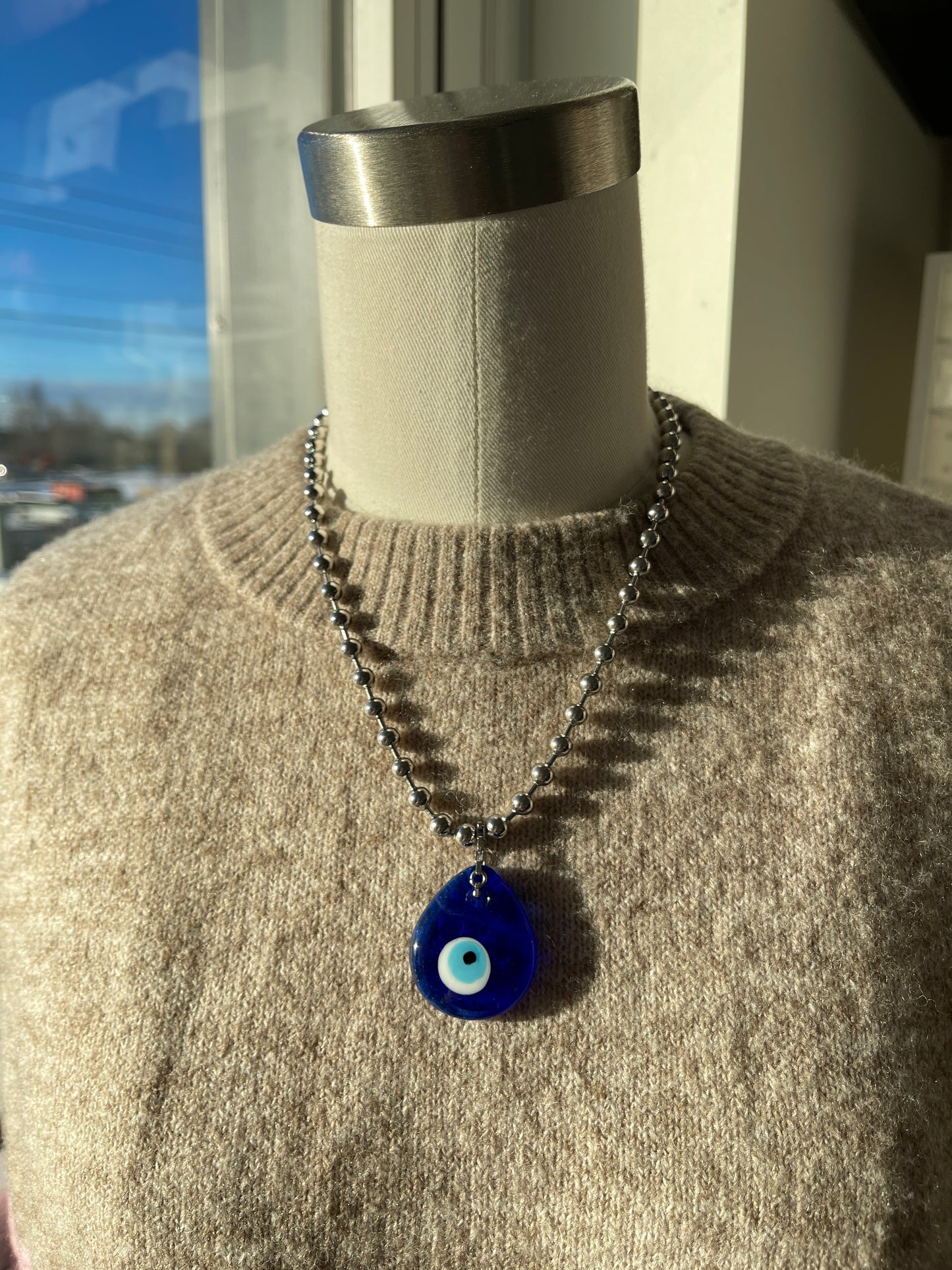 Tear Drop Blue Evil Eye with Ball Chain Necklace