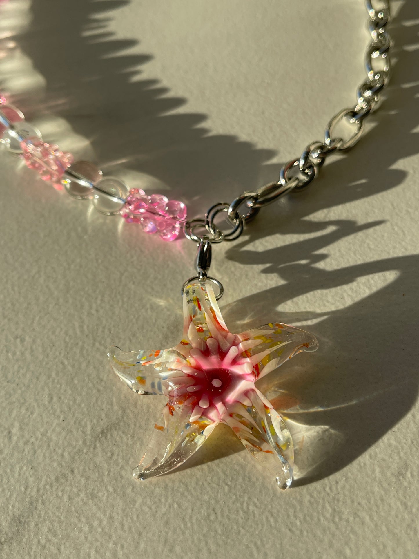 Pink starfish & gummy bear chunky chain silver necklace