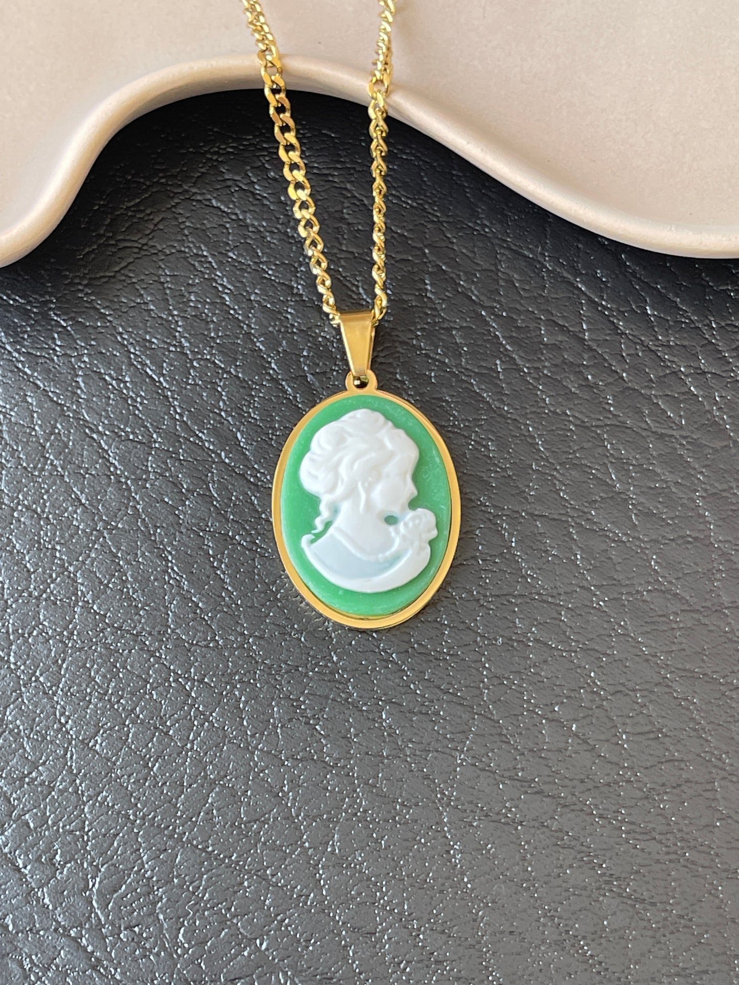 Green Cameo Lady Pendant Necklace