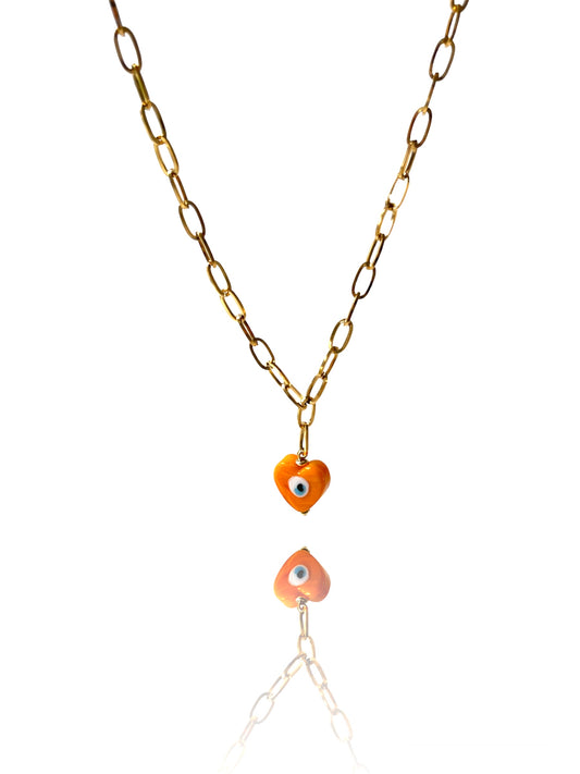 Orange Evil Eye Heart Pendant Necklace