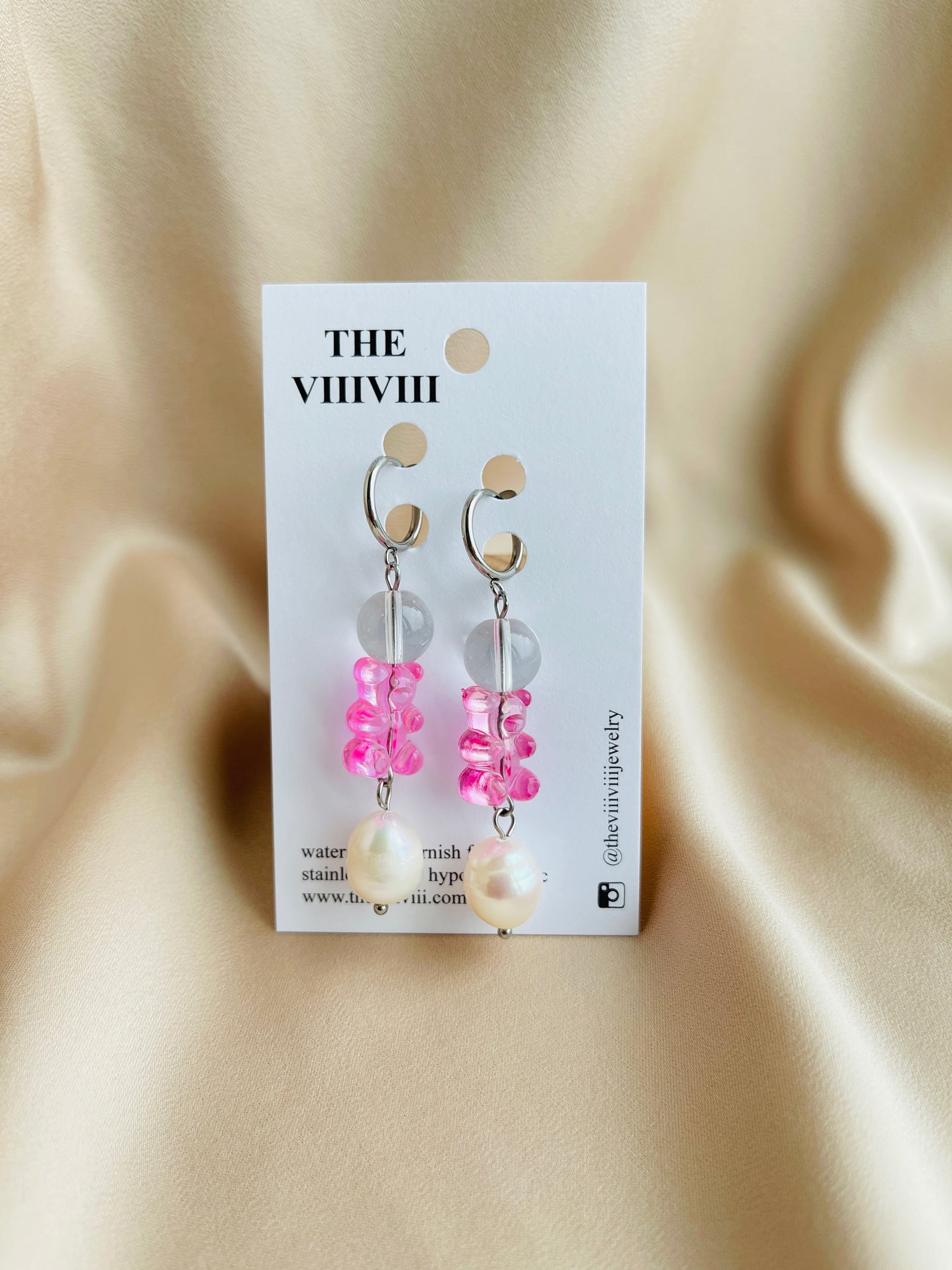 Pink Bear & Pearl Clip on Silver Hoop Earrings