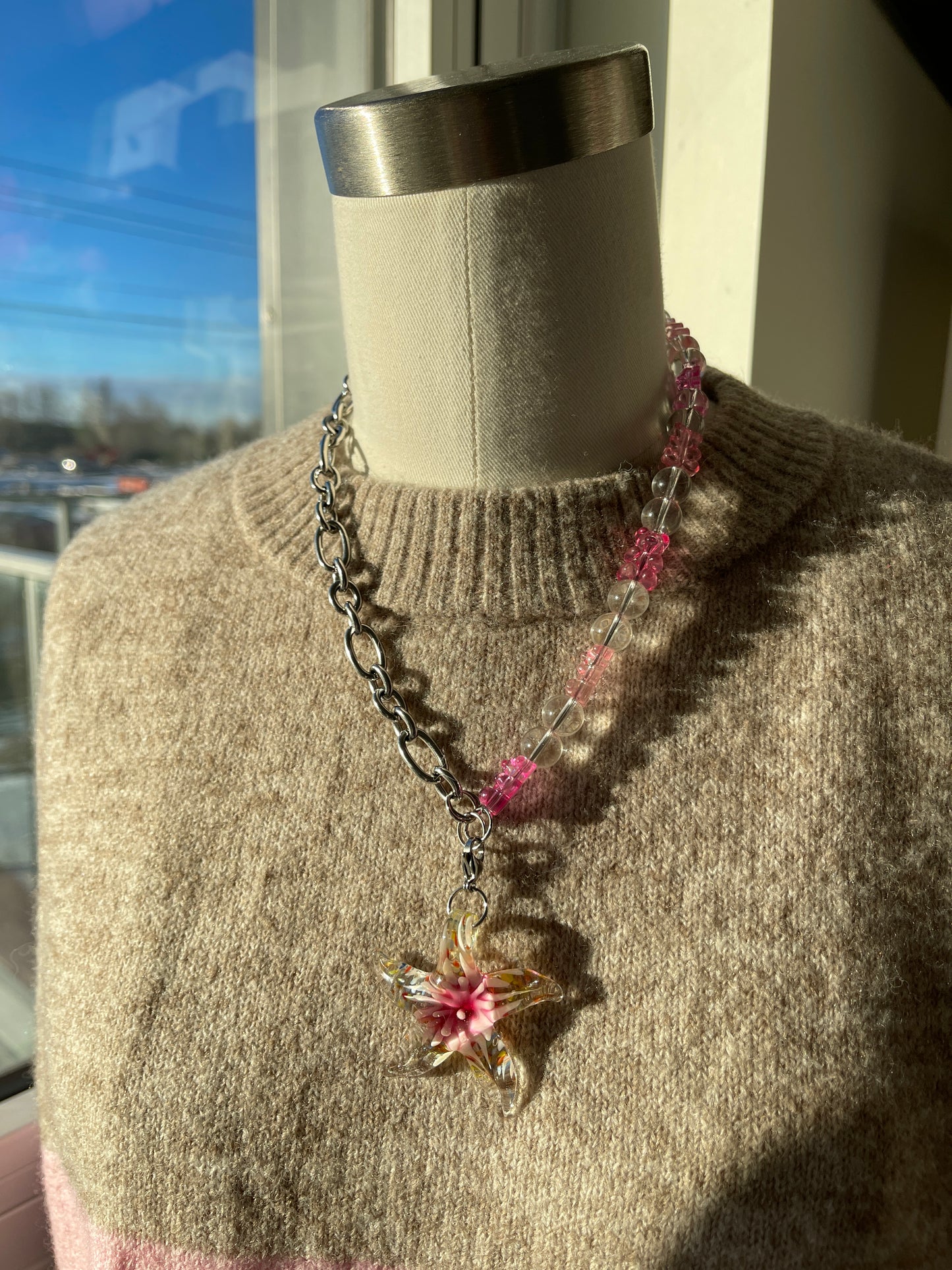 Pink starfish & gummy bear chunky chain silver necklace