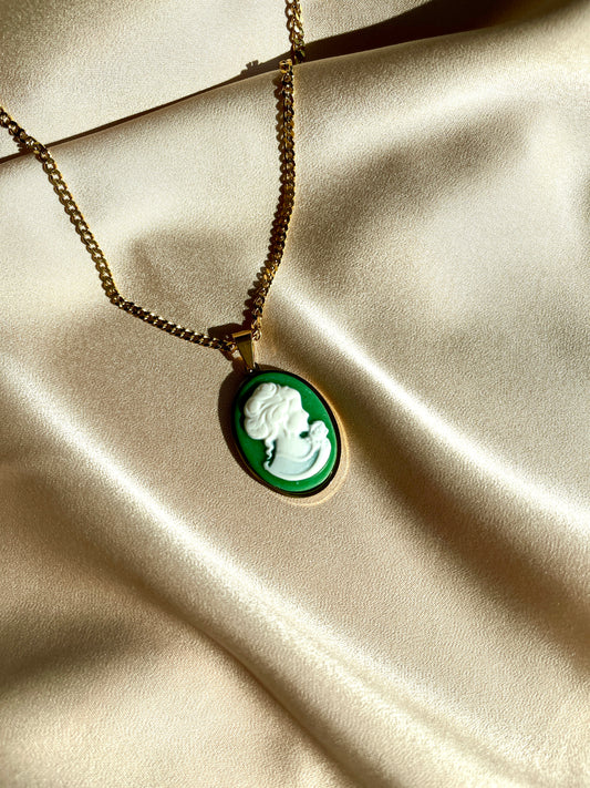 Green Cameo Lady Pendant Necklace