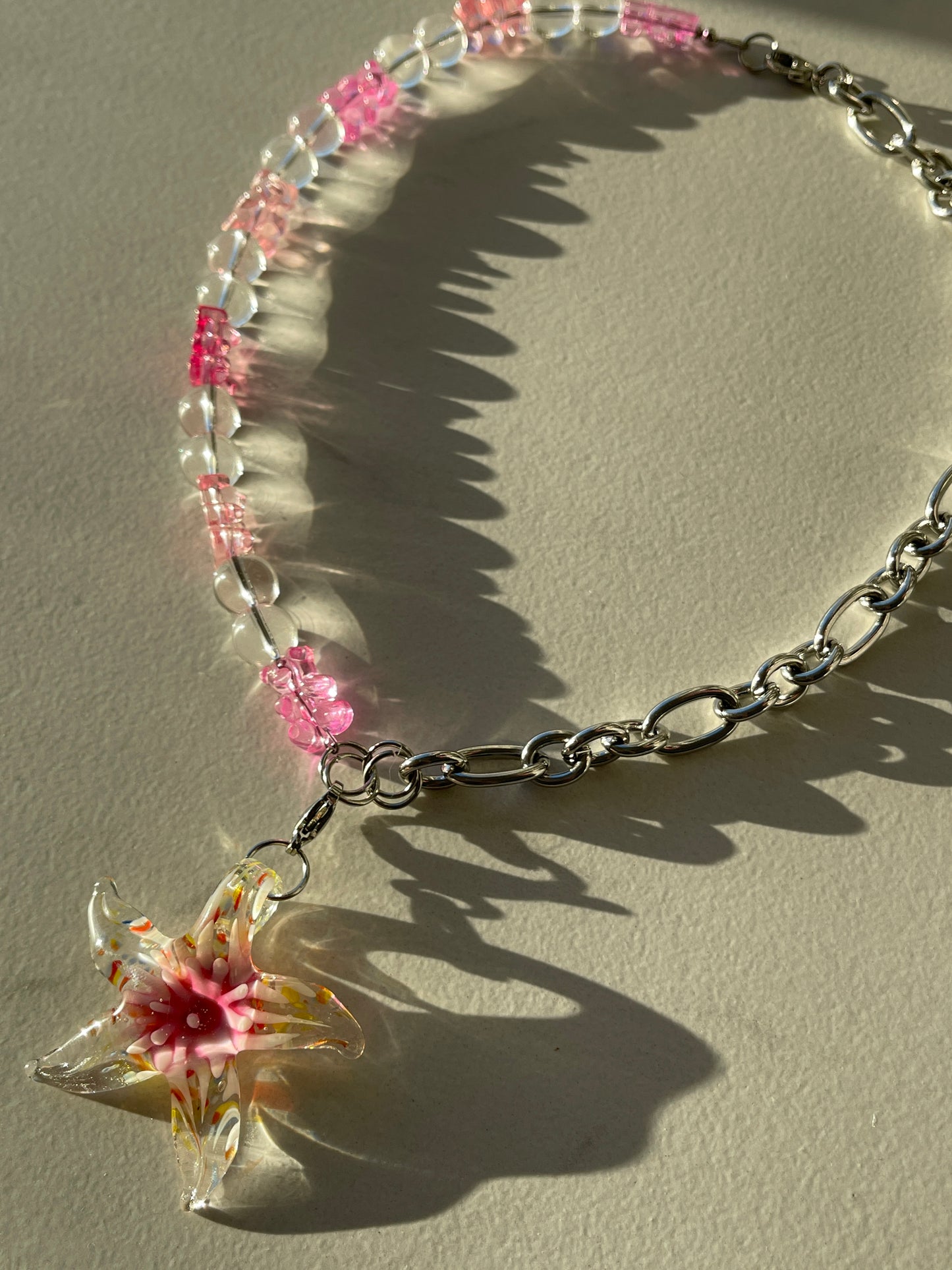 Pink starfish & gummy bear chunky chain silver necklace