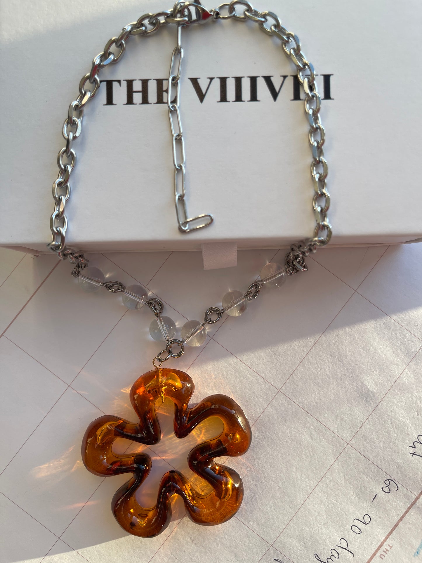 Acrylic Amber Flower Silver necklace