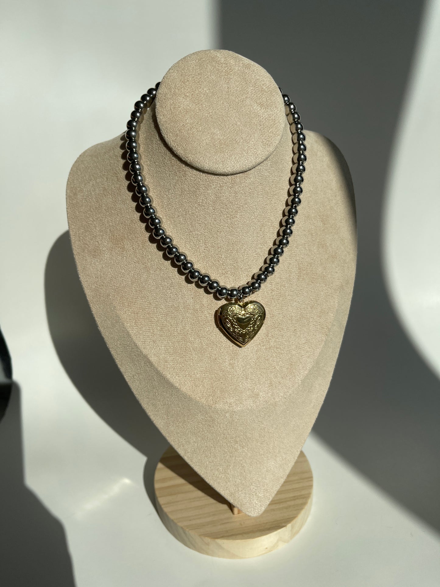 Gold heart locket pendant & chunky silver beaded necklace