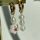 Mismatched Lampwork pink flower & Pearl Hoop Earrings