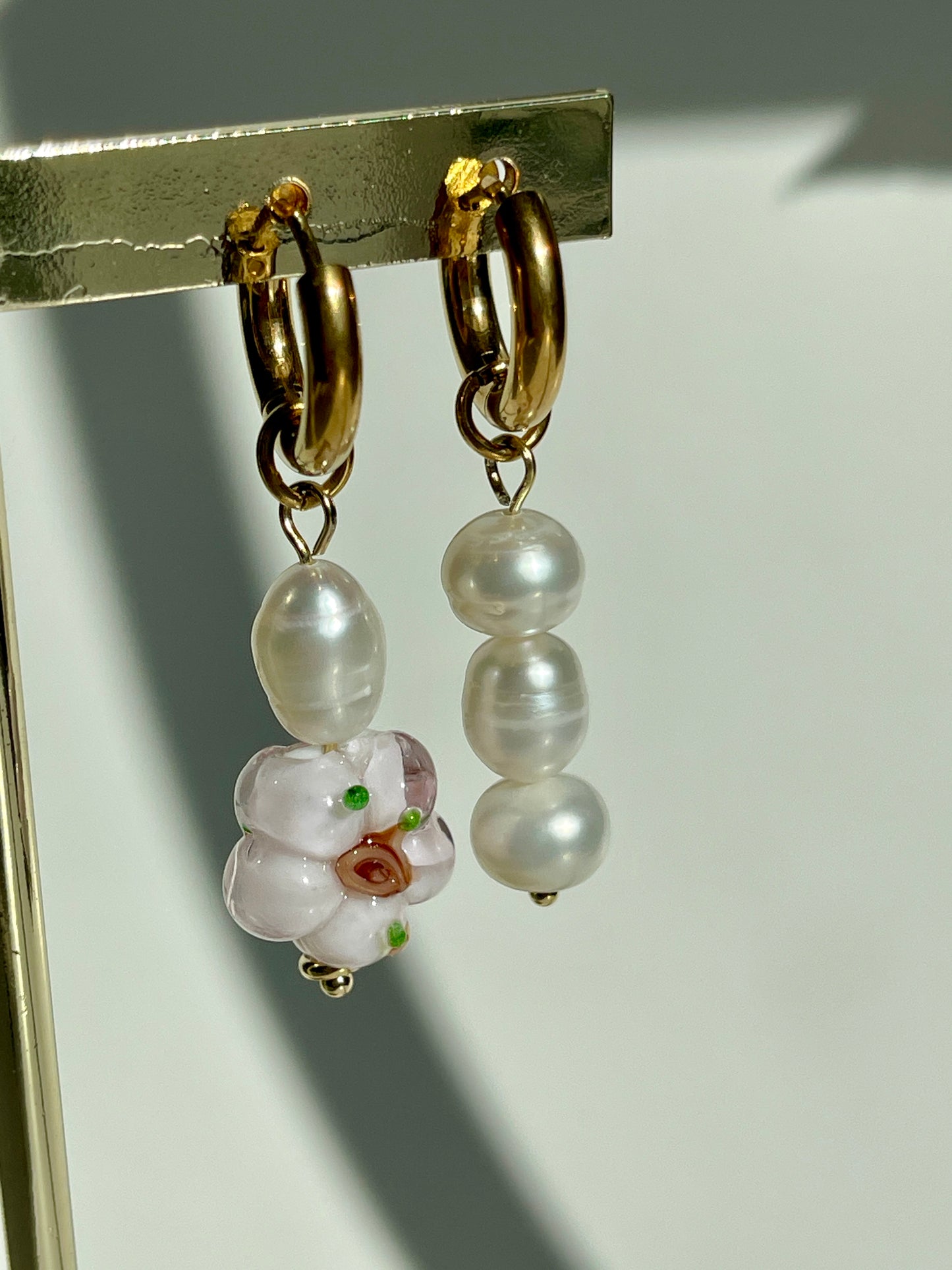 Mismatched Lampwork pink flower & Pearl Hoop Earrings