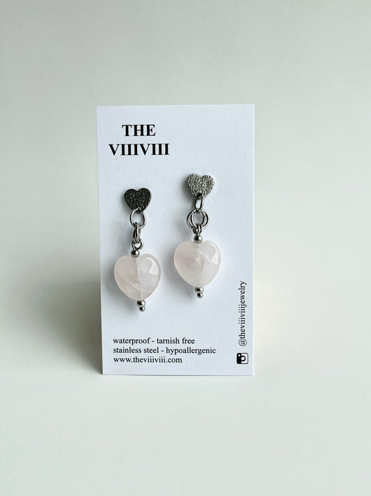 Lila Natural Rose Quartz Heart Drop  Earrings