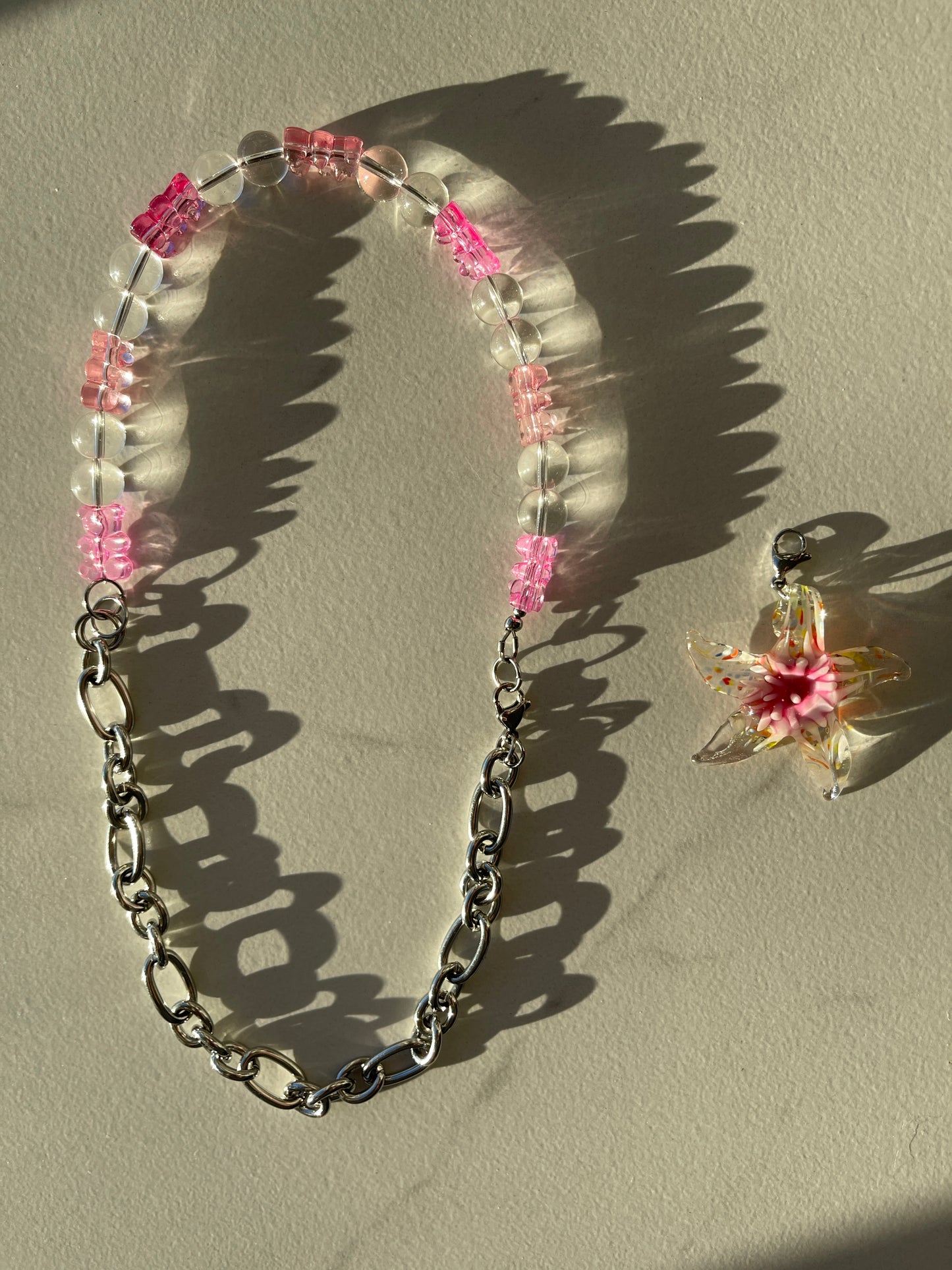 Pink starfish & gummy bear chunky chain silver necklace