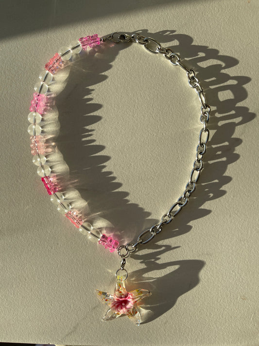 Pink starfish & gummy bear chunky chain silver necklace