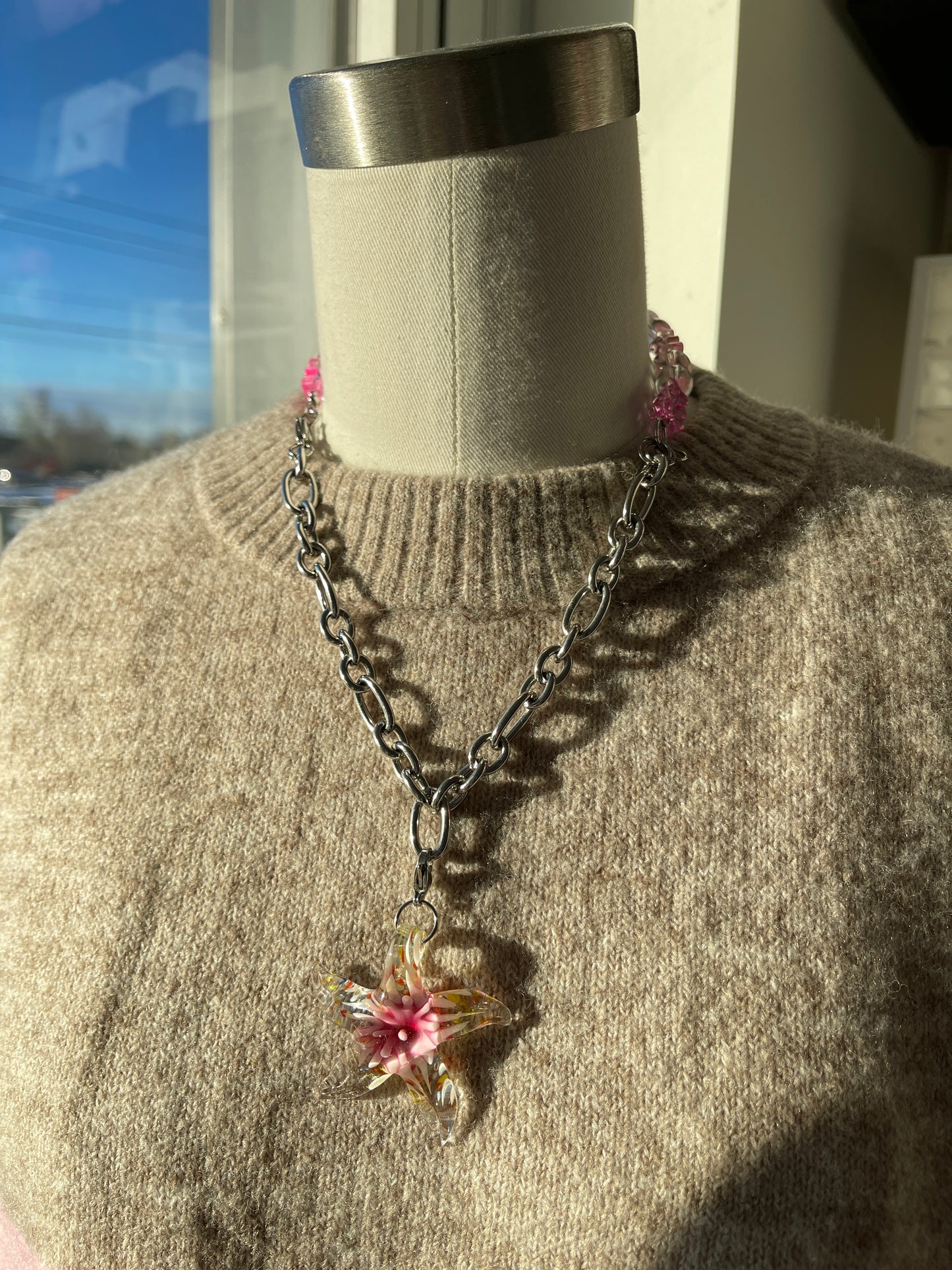 Pink starfish & gummy bear chunky chain silver necklace