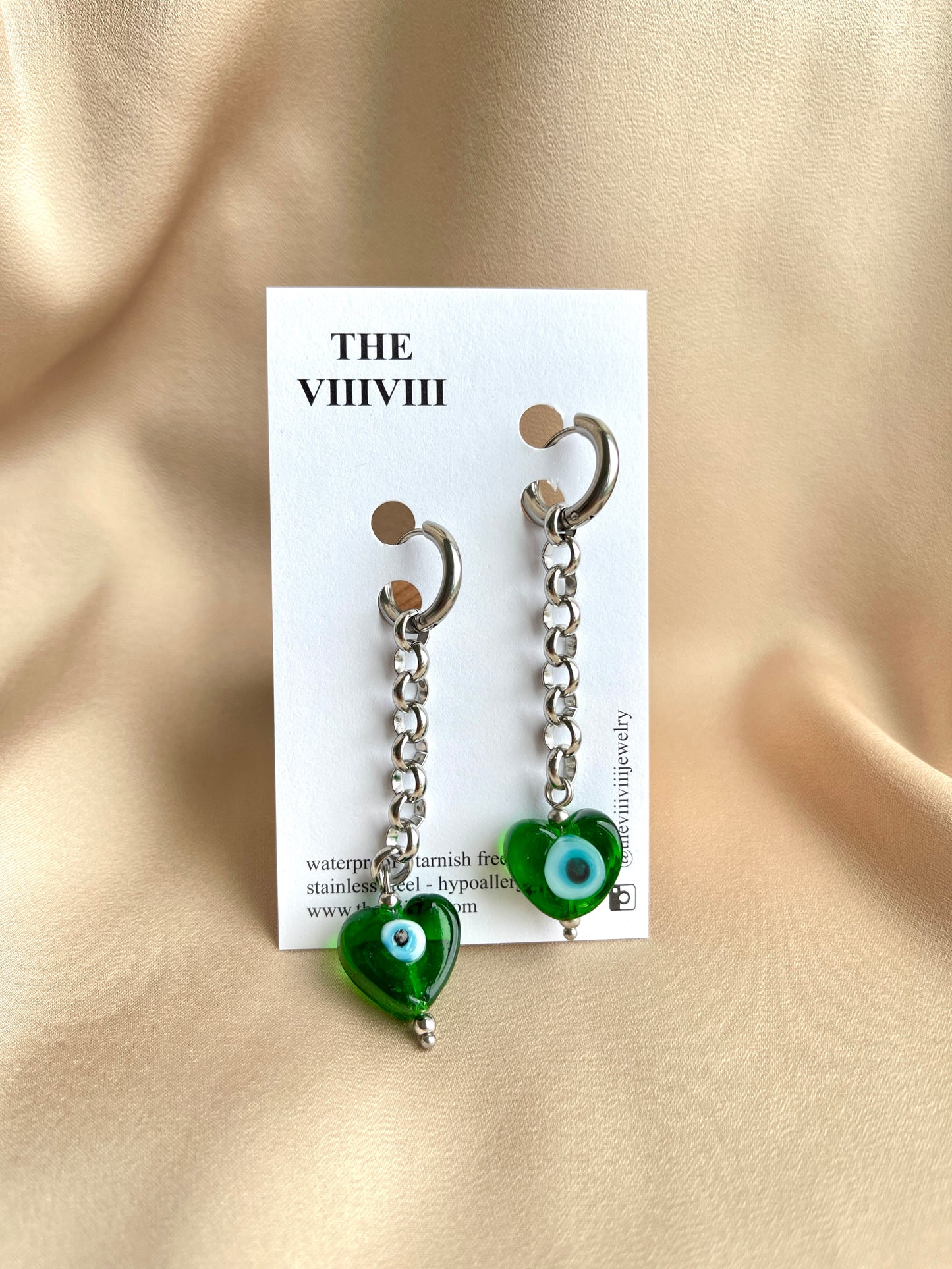 Green Heart Evil Eye Lampwork Dangle Silver Hoop Earrings