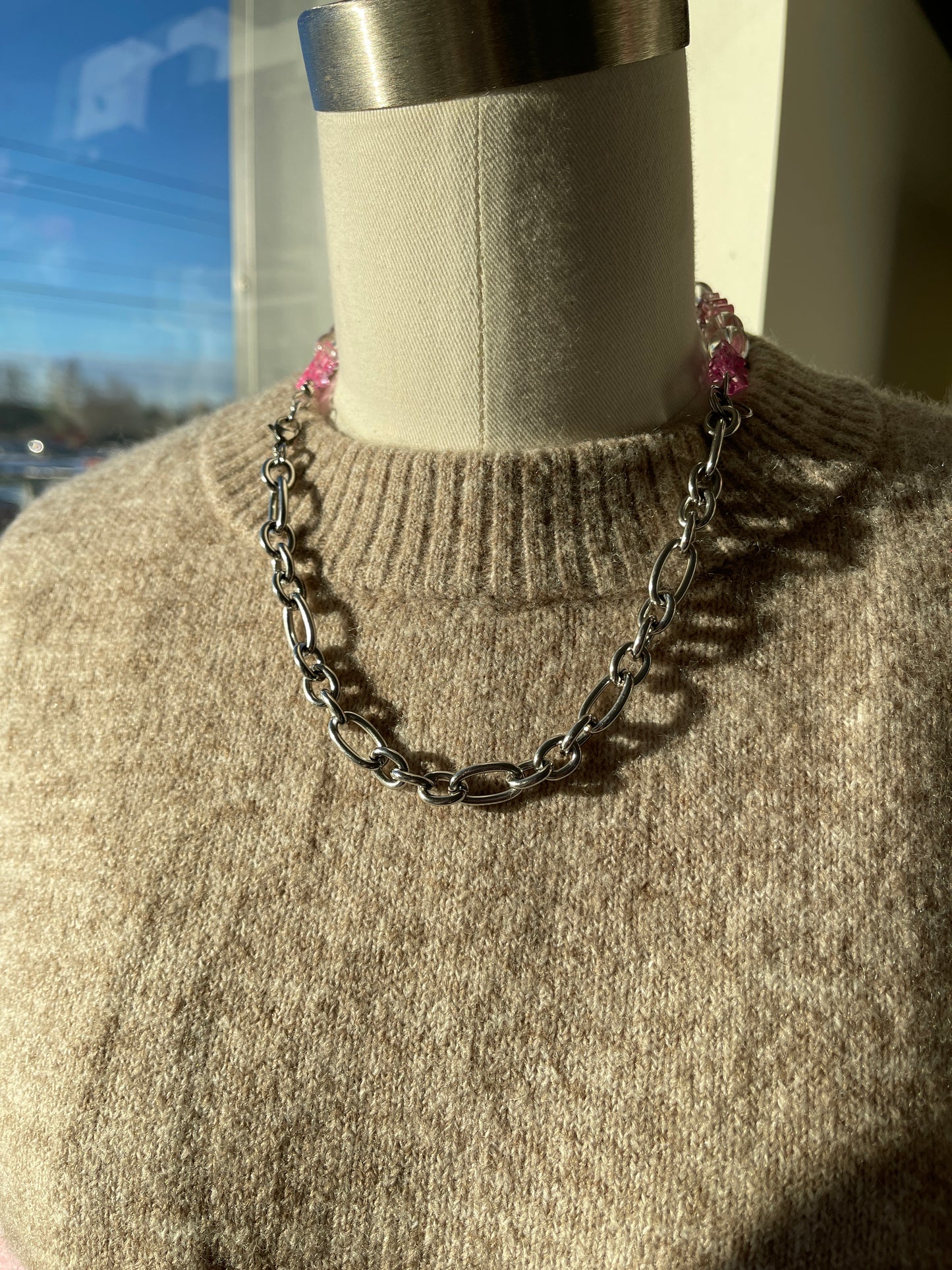 Pink starfish & gummy bear chunky chain silver necklace