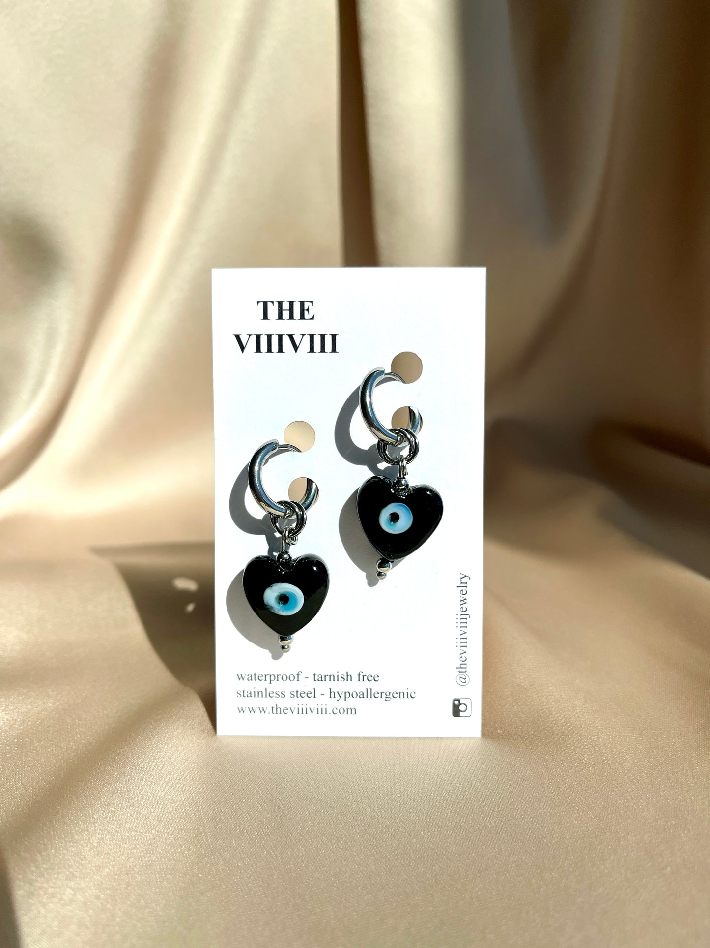 Black Evil Eye Heart Lampwork Charm with Silver Hoop Earrings