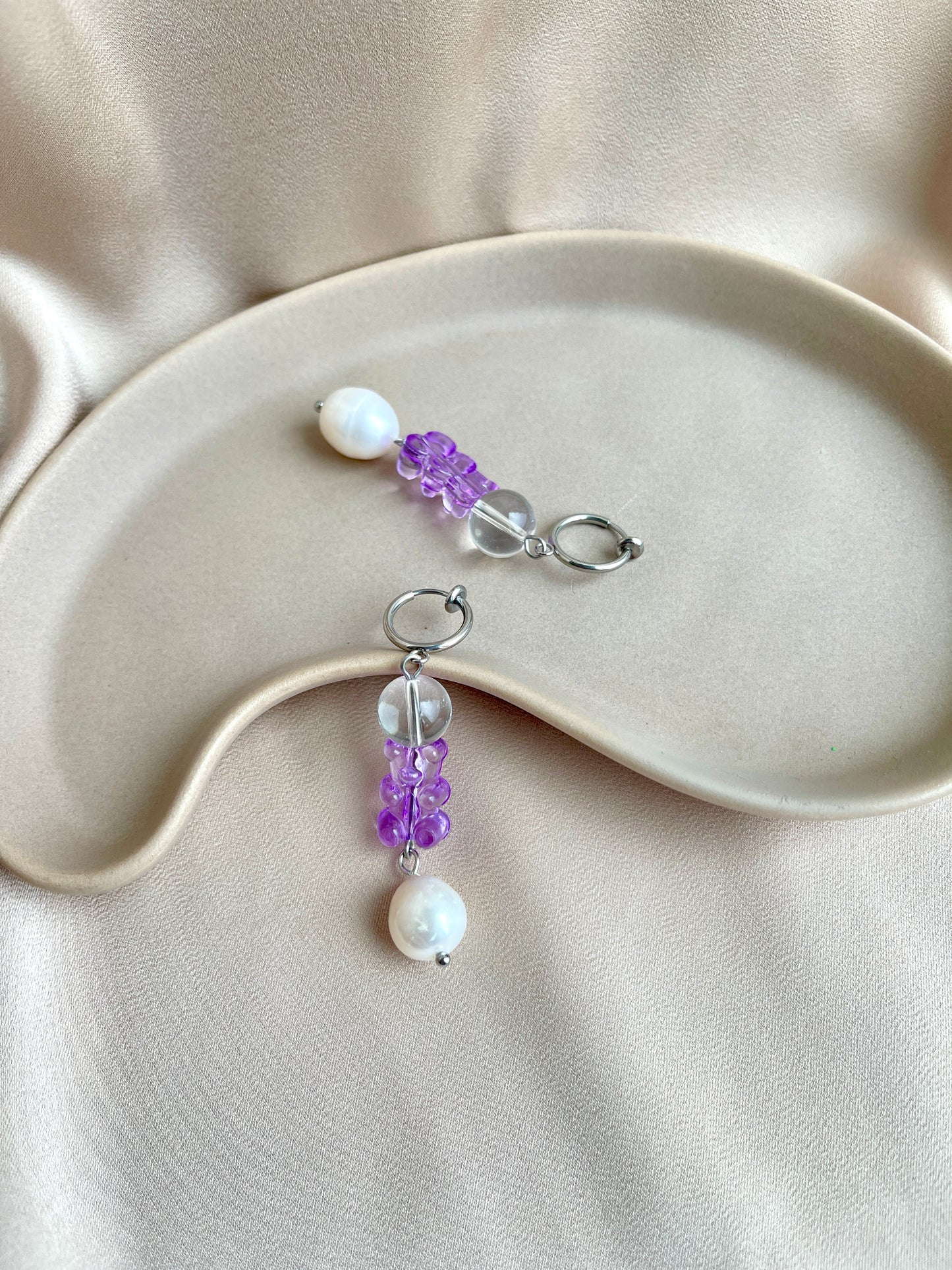 Purple Bear  & Pearl Clip on Silver Hoop Earrings