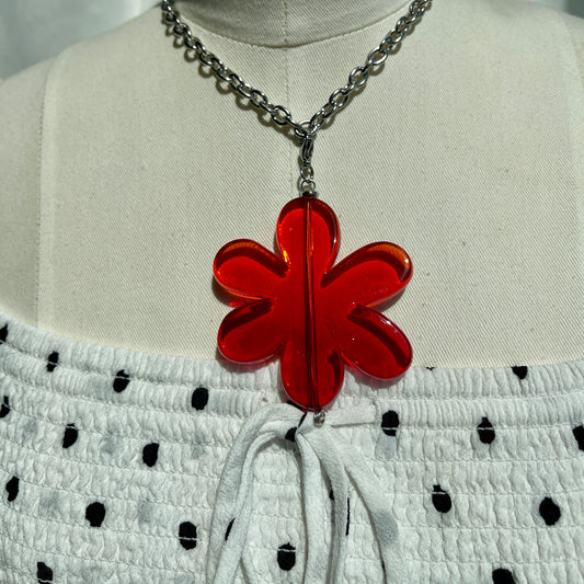 Red Margarita Flower Pendant Silver Necklace