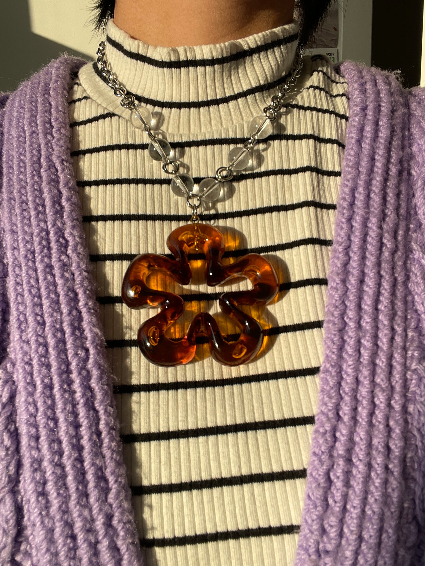 Acrylic Amber Flower Silver necklace