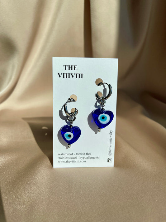 Royal Blue Evil Eye Heart Lampwork Charm with Silver Hoop Earrings