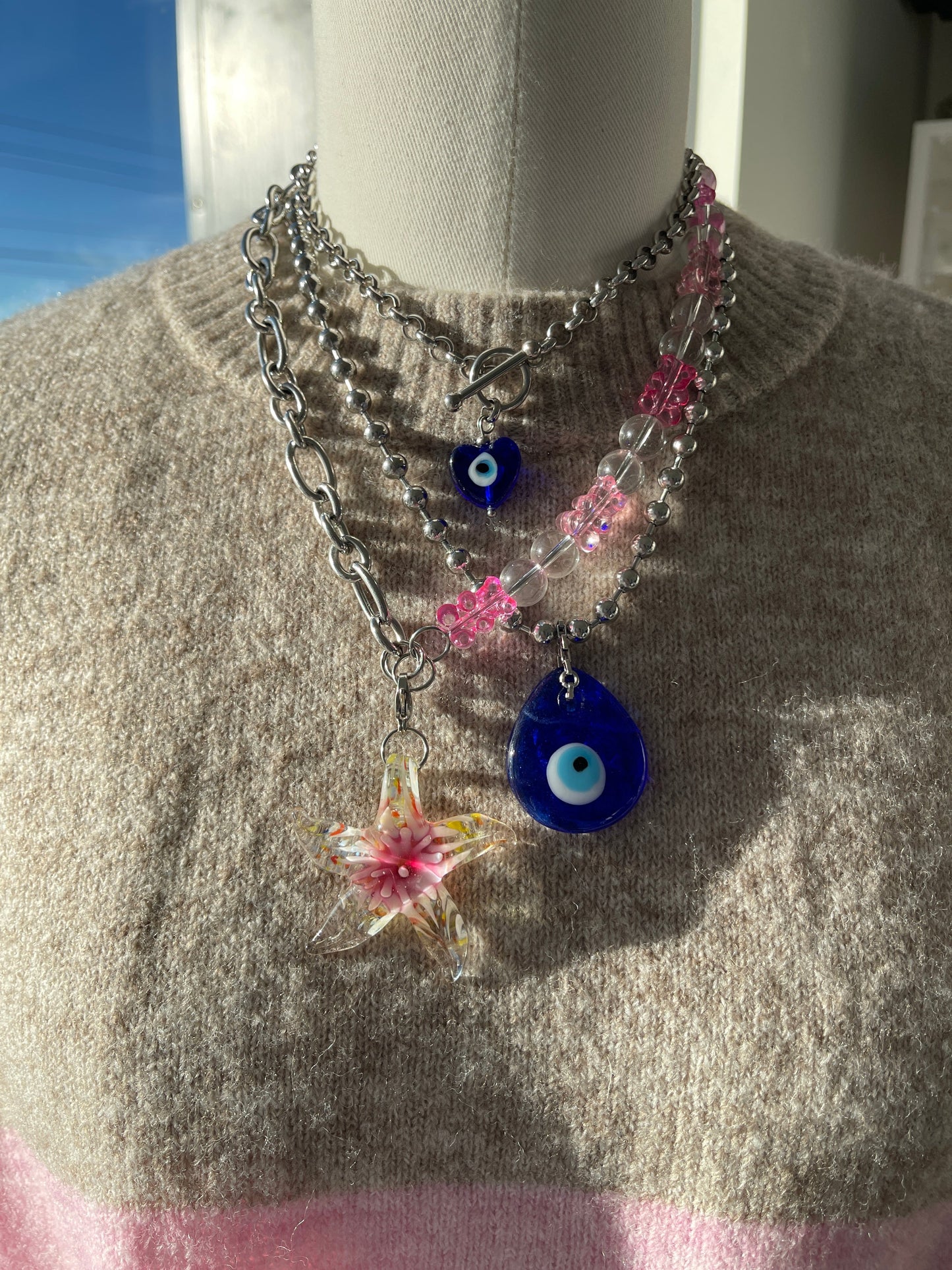 Pink starfish & gummy bear chunky chain silver necklace