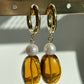 Amber bead & Pearl Hoop Earrings