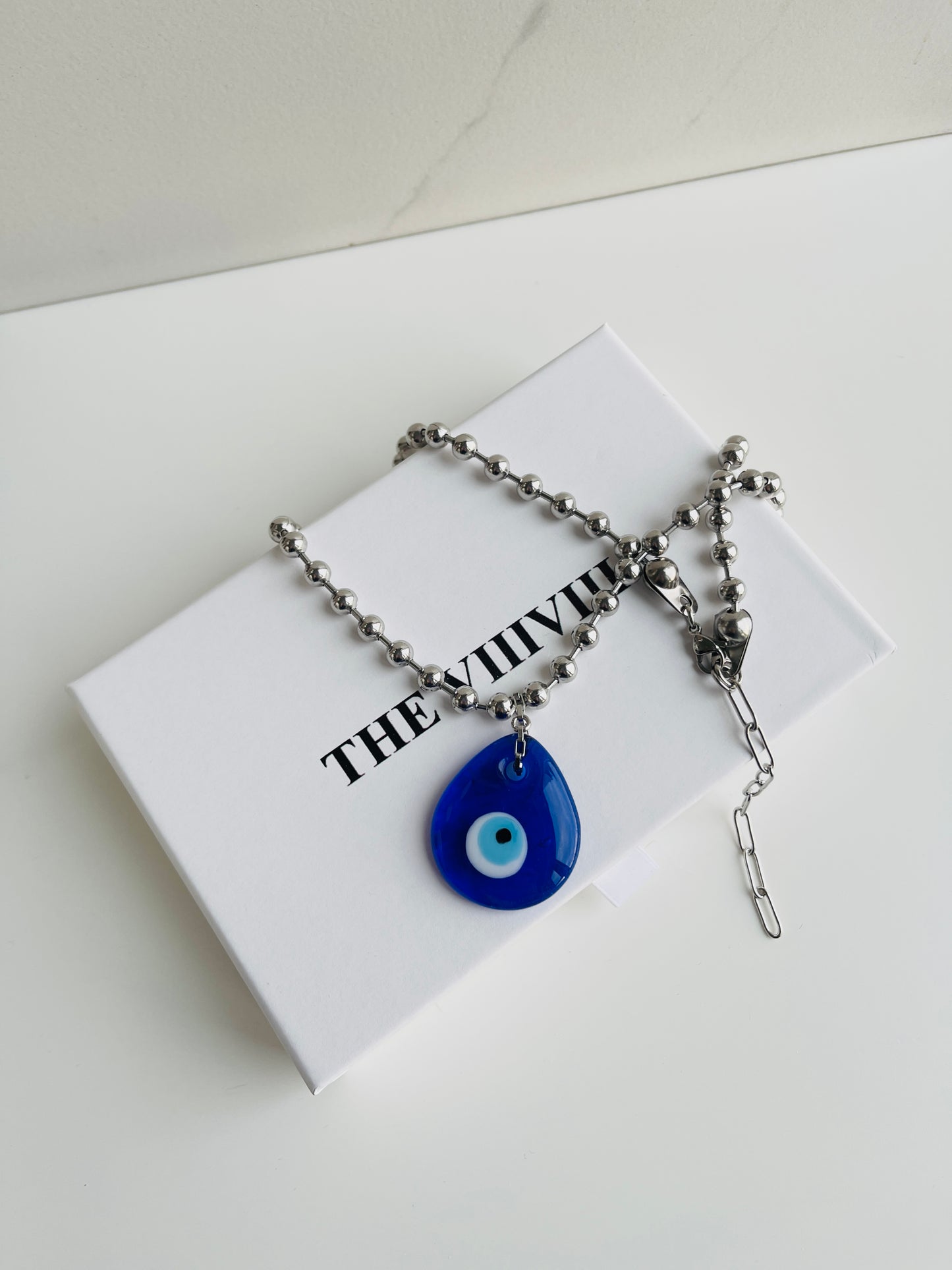 Tear Drop Blue Evil Eye with Ball Chain Necklace