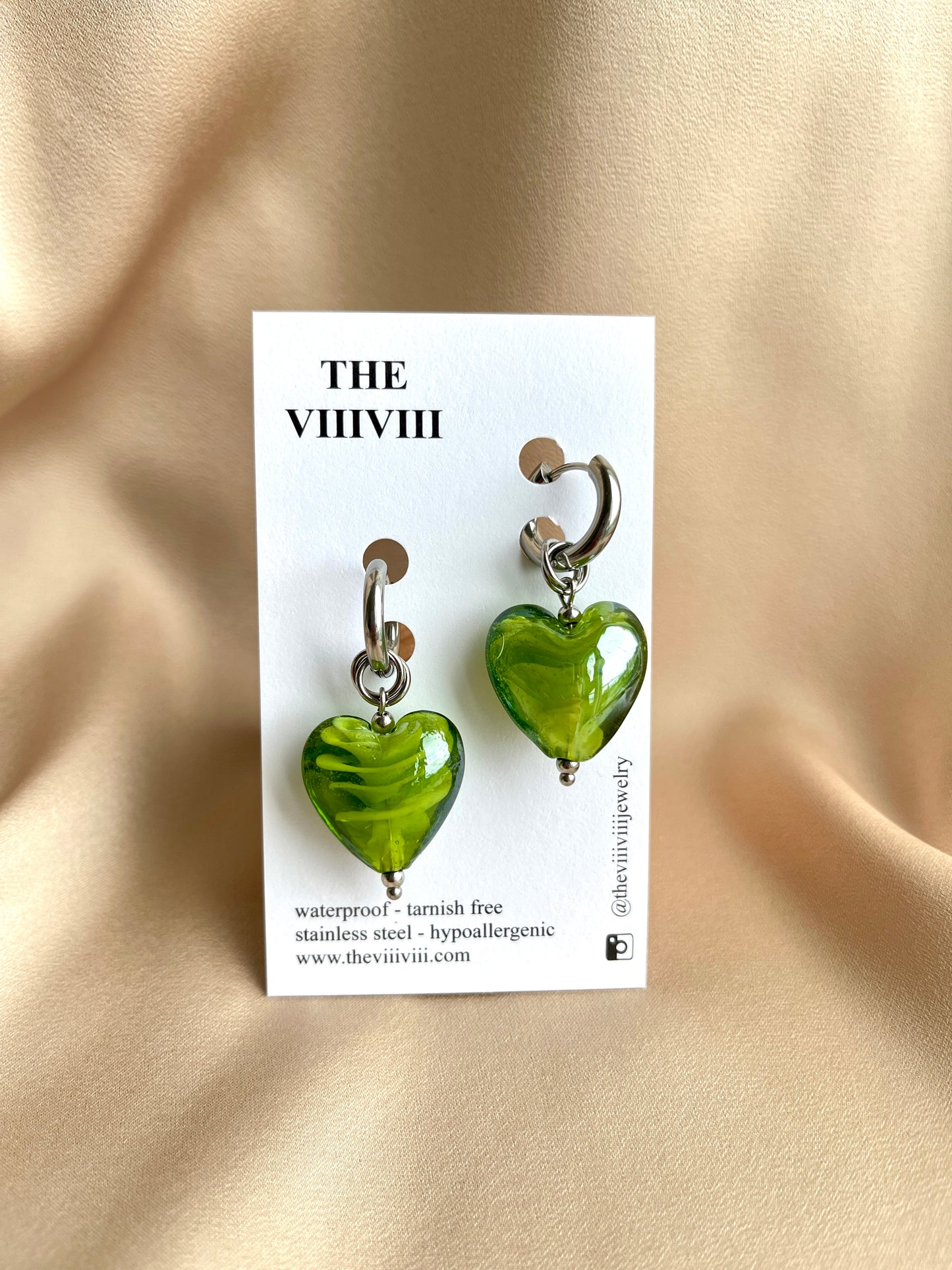 Green Heart Lampwork Charm with Silver Hoop Earrings