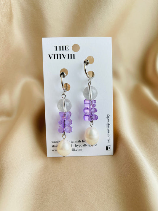 Purple Bear  & Pearl Clip on Silver Hoop Earrings