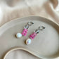 Pink Bear & Pearl Clip on Silver Hoop Earrings