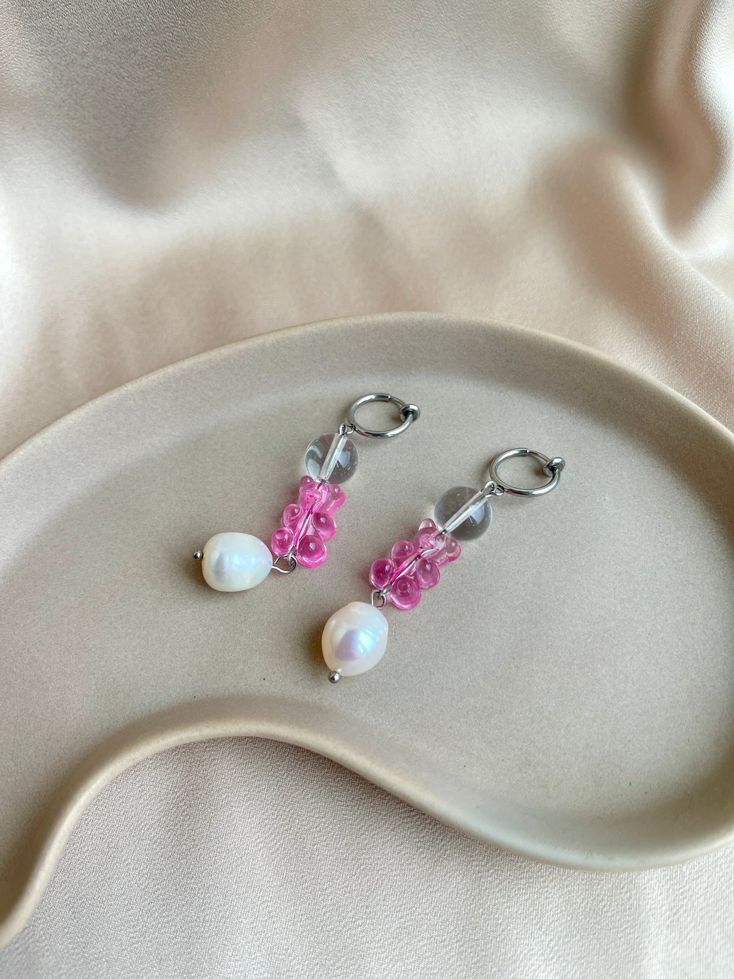 Pink Bear & Pearl Clip on Silver Hoop Earrings