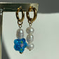 Mismatched Lampwork blue flower & Pearl Hoop Earrings