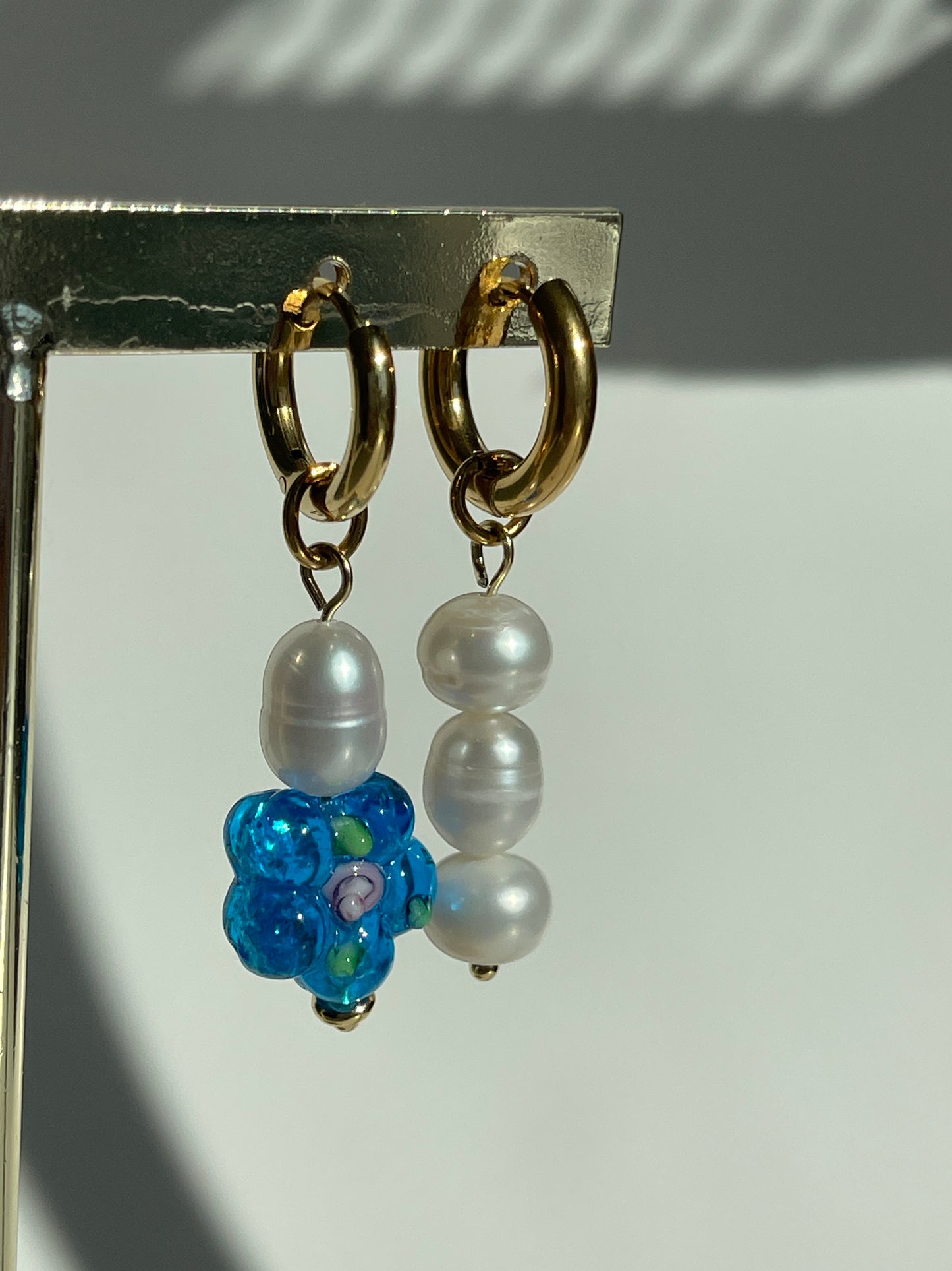 Mismatched Lampwork blue flower & Pearl Hoop Earrings