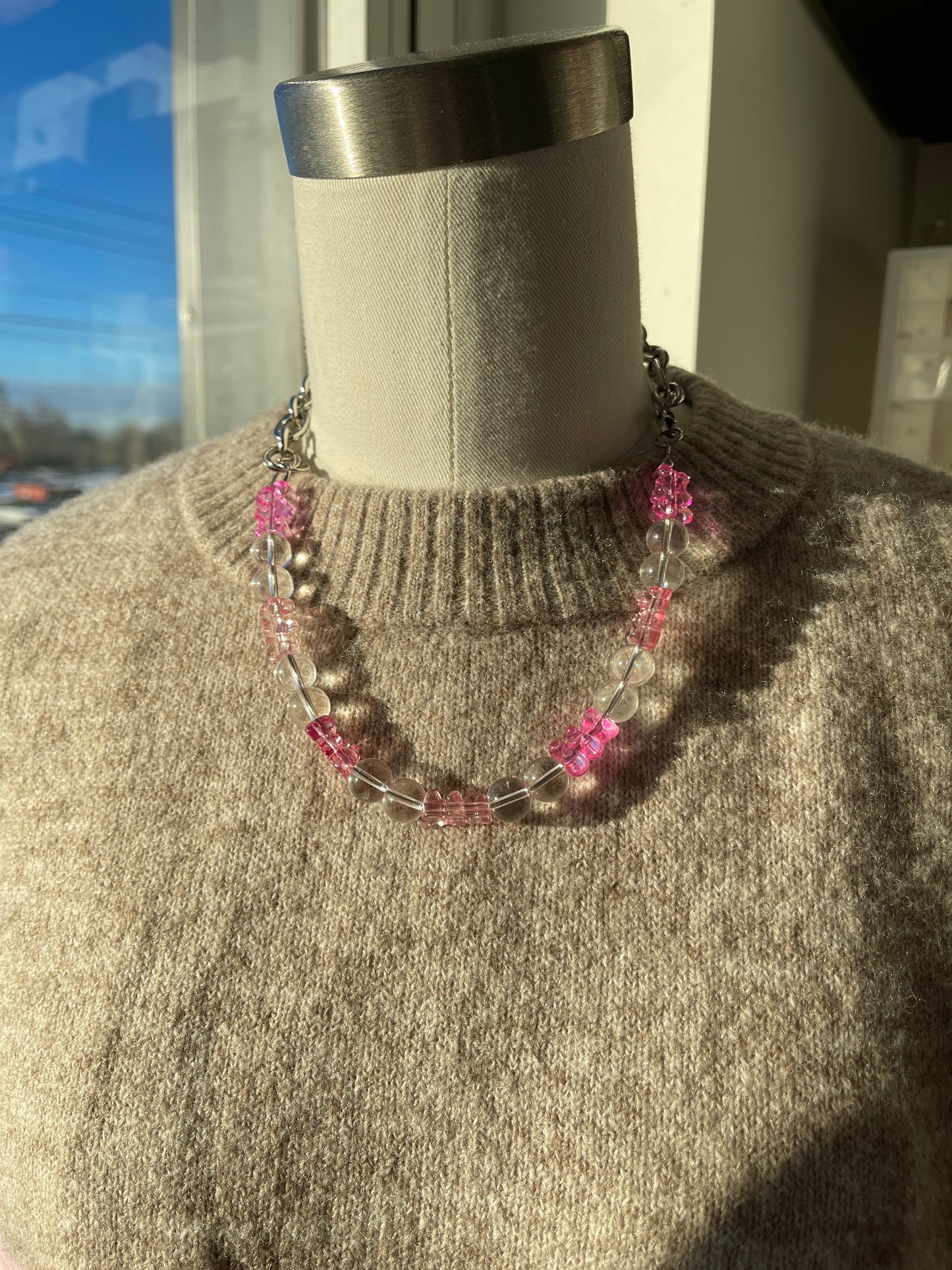 Pink starfish & gummy bear chunky chain silver necklace