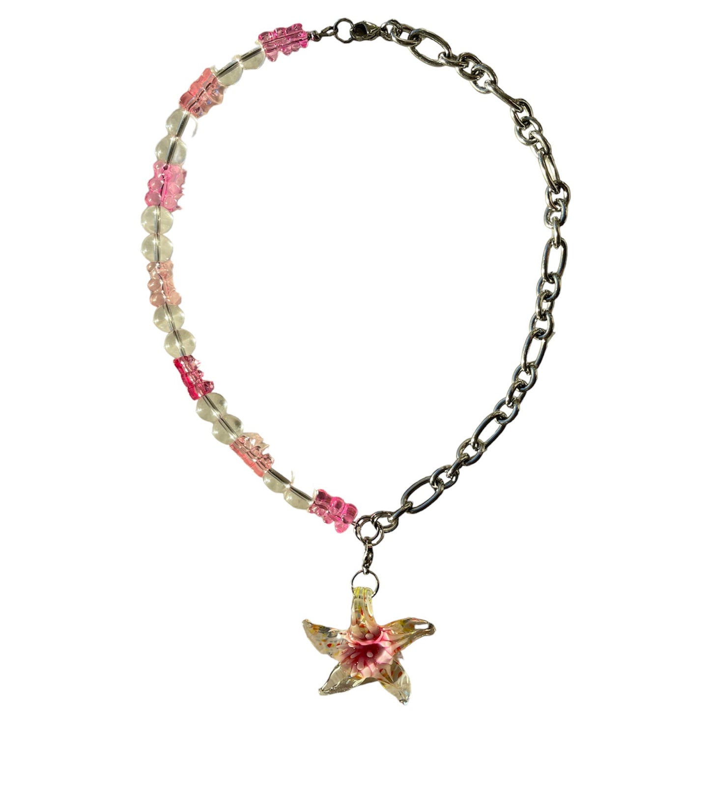 Pink starfish & gummy bear chunky chain silver necklace